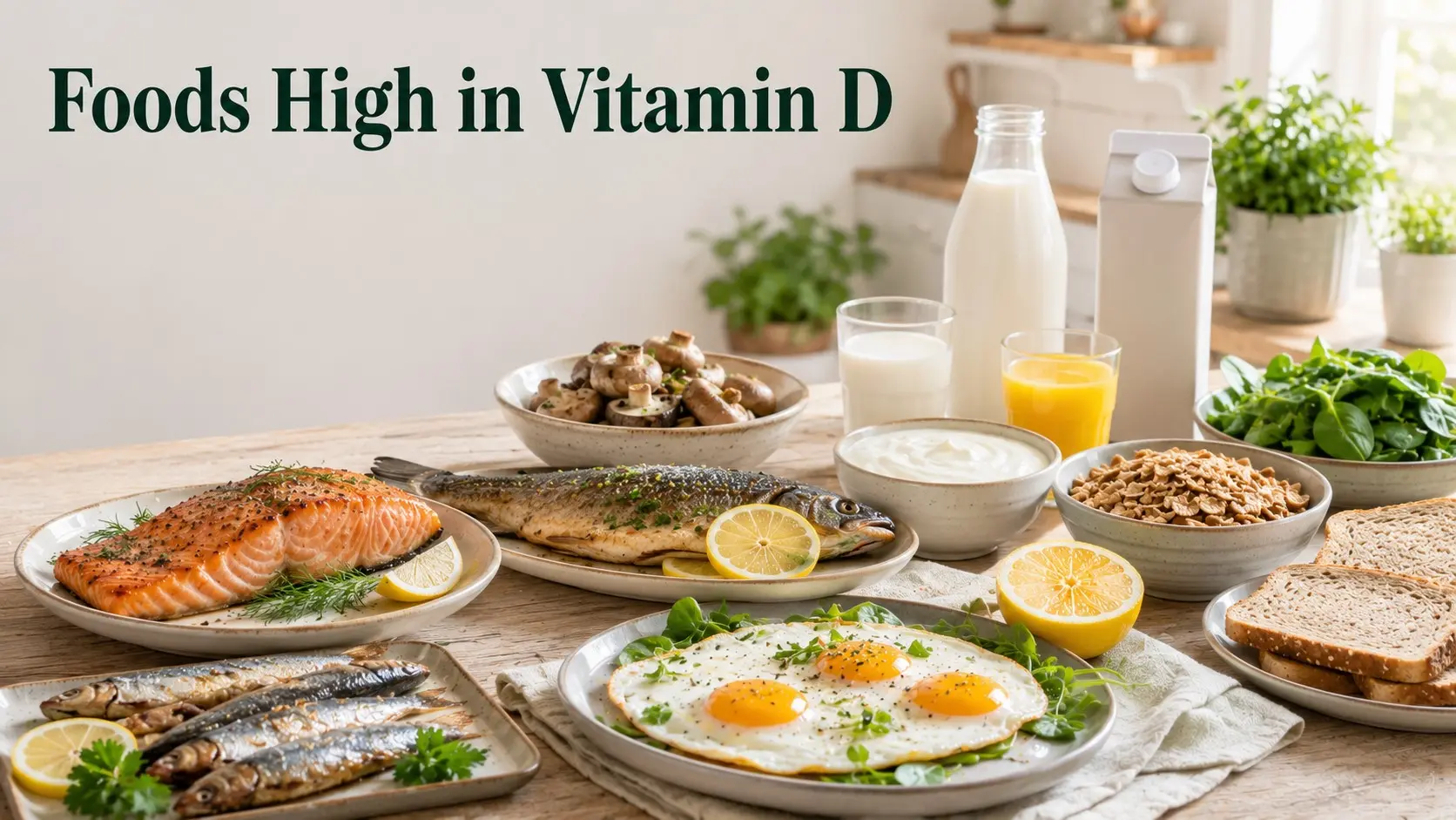 Foods High in Vitamin D include salmon, trout, eggs, UV exposed mushrooms, fortified milk, yogurt, cereal, and orange jui