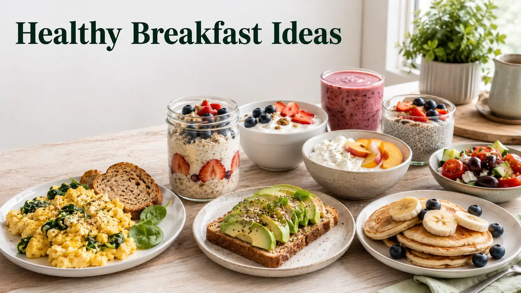 Healthy Breakfast Ideas with oatmeal, eggs, avocado toast, yogurt, berries, fruit, chia pudding, and a breakfast smoothie.
