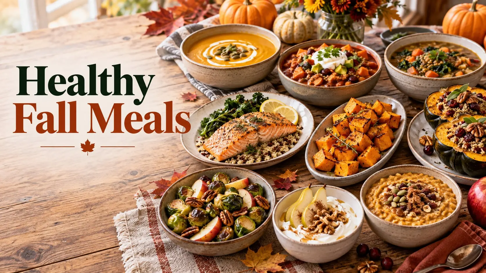 Healthy Fall Meals with pumpkin, sweet potatoes, lentils, salmon, quinoa, apples, squash, vegetables, yogurt, and other seasonal foods.
