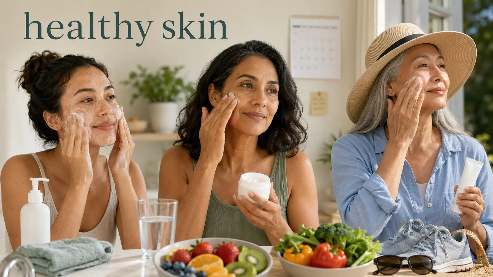healthy skin- Adults using cleanser, moisturizer, and sunscreen as part of a simple healthy skin routine