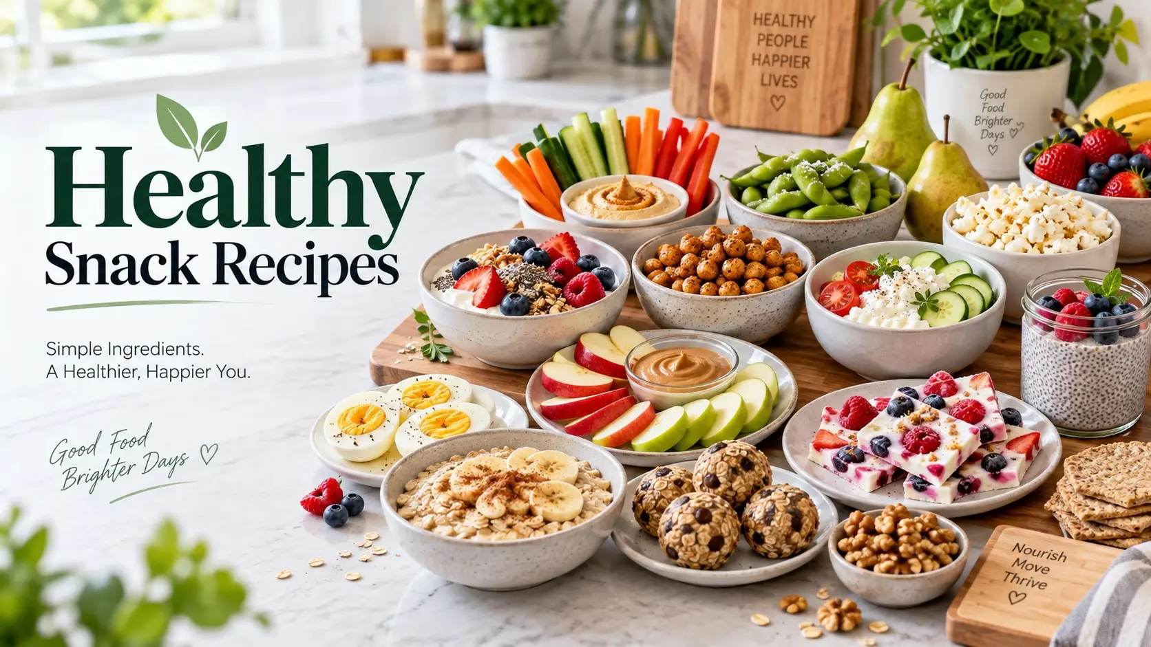 Healthy Snack Recipes with Greek yogurt, berries, apples, hummus, chickpeas, edamame, eggs, vegetables, fruit, nuts, and whole grain snacks.