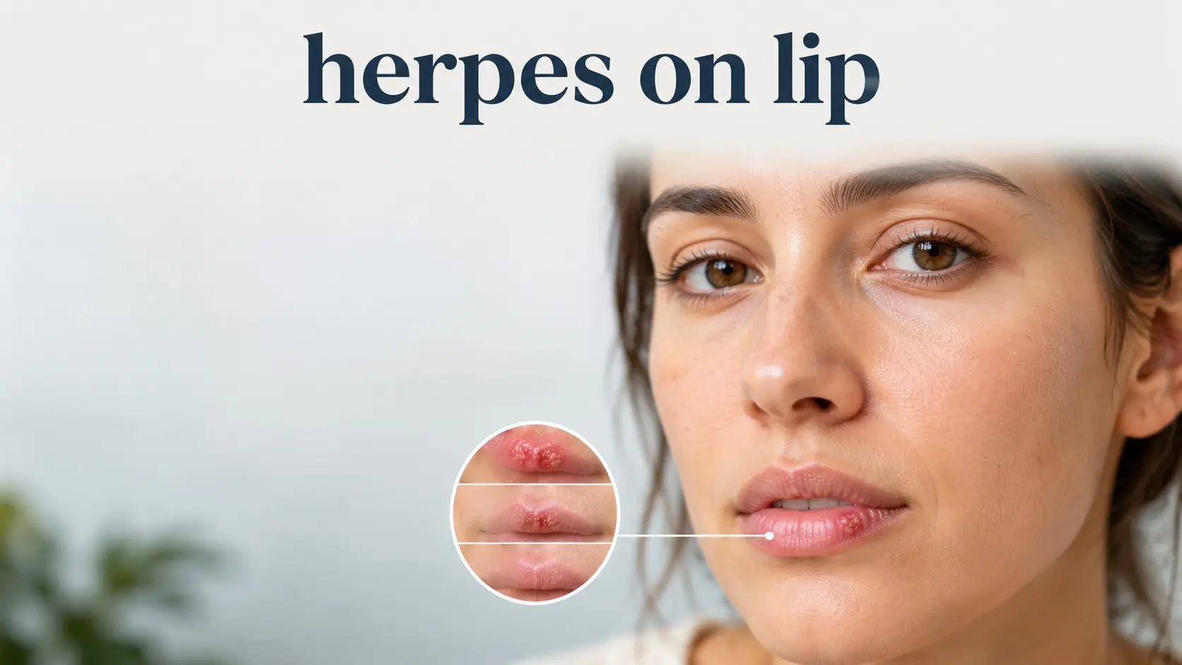 Herpes on lip shown as a small cold sore on the lip with visual cues for tingling, blister stages, antiviral treatment, healing, and prevention