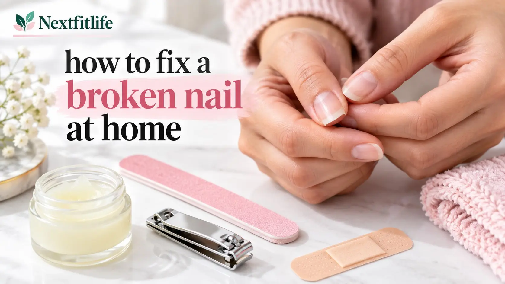 How to fix a broken nail at home safely with gentle trimming, filing, protection, and nail care