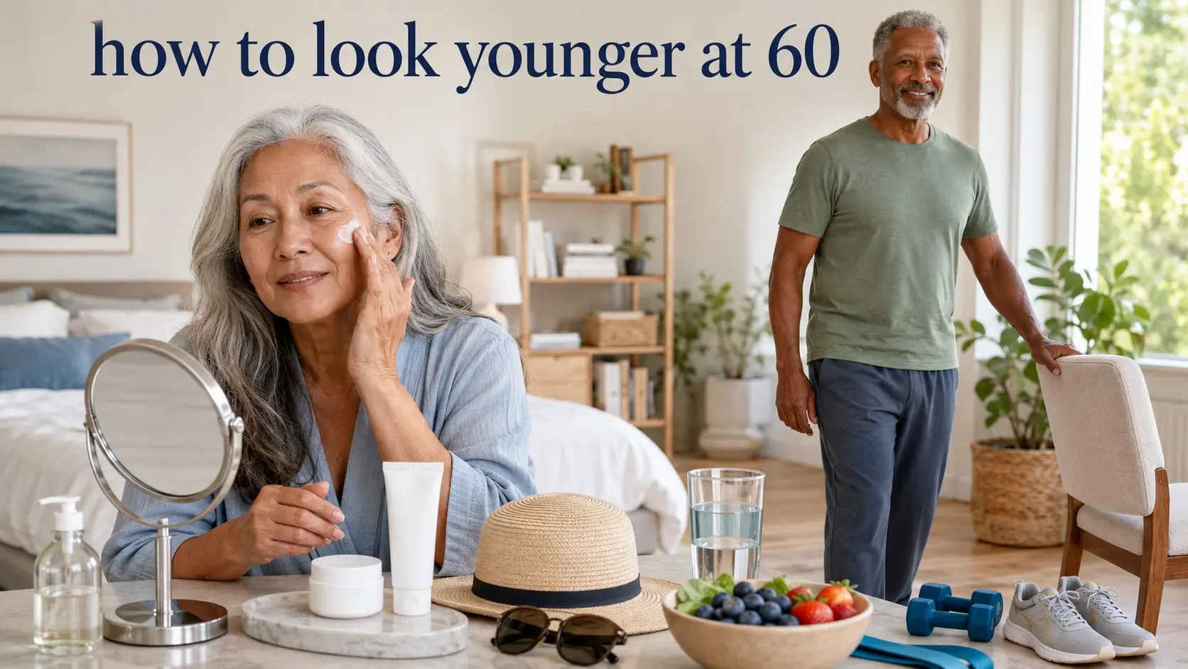 how to look younger at 60 - Adults in their sixties using sunscreen and strength exercise as part of a healthy aging routine