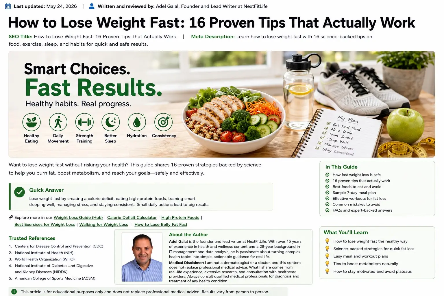 How to lose weight fast - Balanced meal, water, walking shoes, light weights, apple, measuring tape, and weekly plan showing how to lose weight fast and safely.