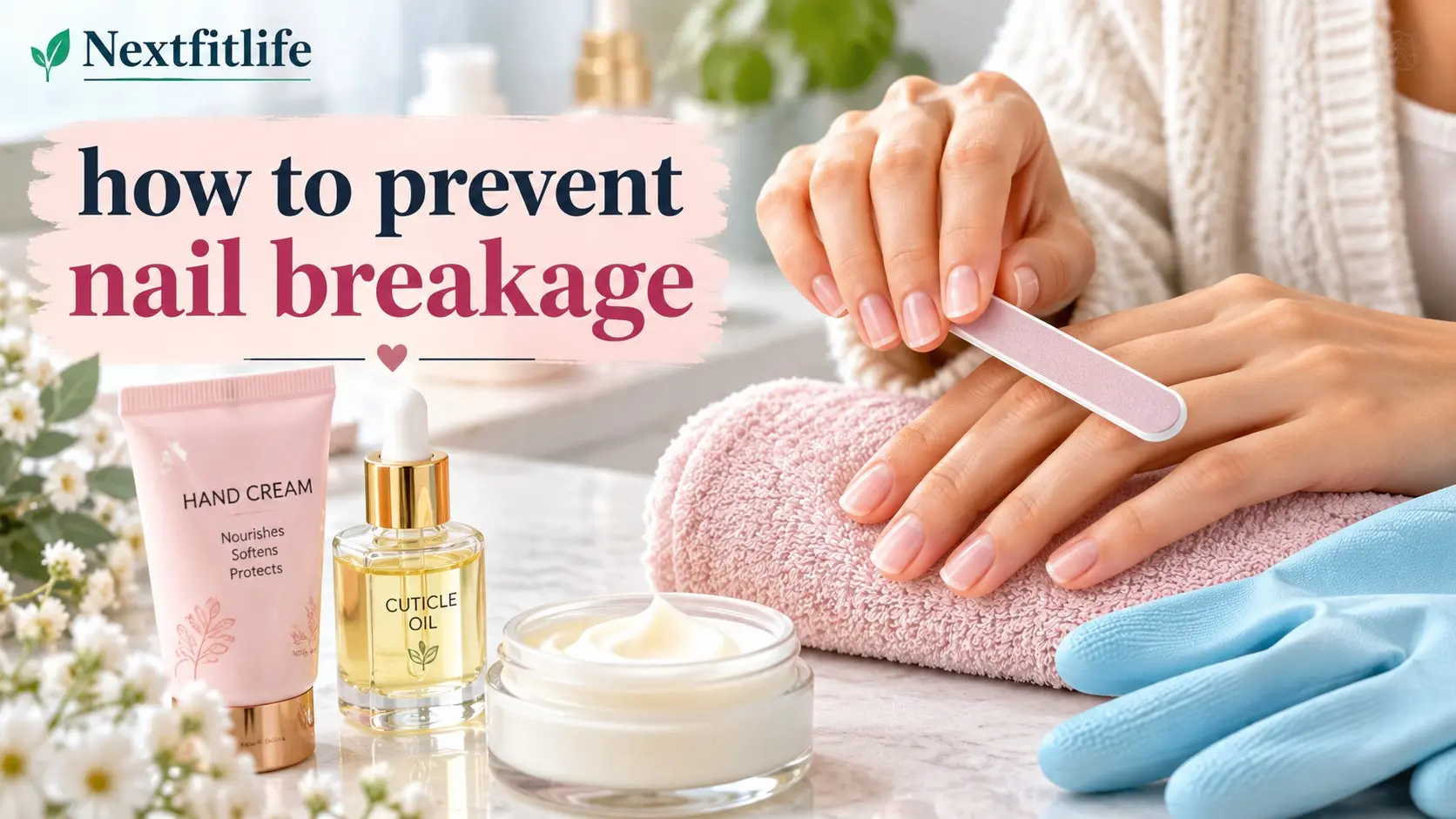 How to prevent nail breakage with healthy natural nails, moisturizer, gentle filing, and protective nail care