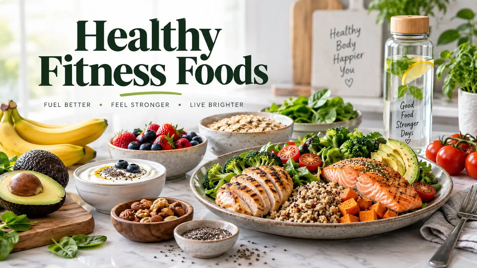 Healthy Fitness Foods with chicken, salmon, eggs, yogurt, tofu, oats, rice, fruit, vegetables, nuts, seeds, avocado, and water
