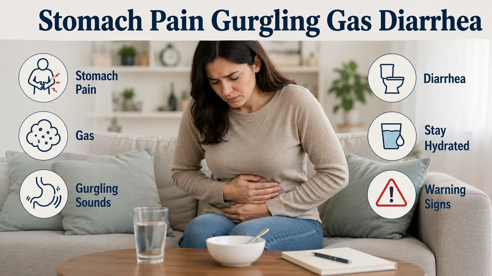 Stomach Pain Gurgling Gas Diarrhea guide showing a person holding their belly with simple digestive health icons.