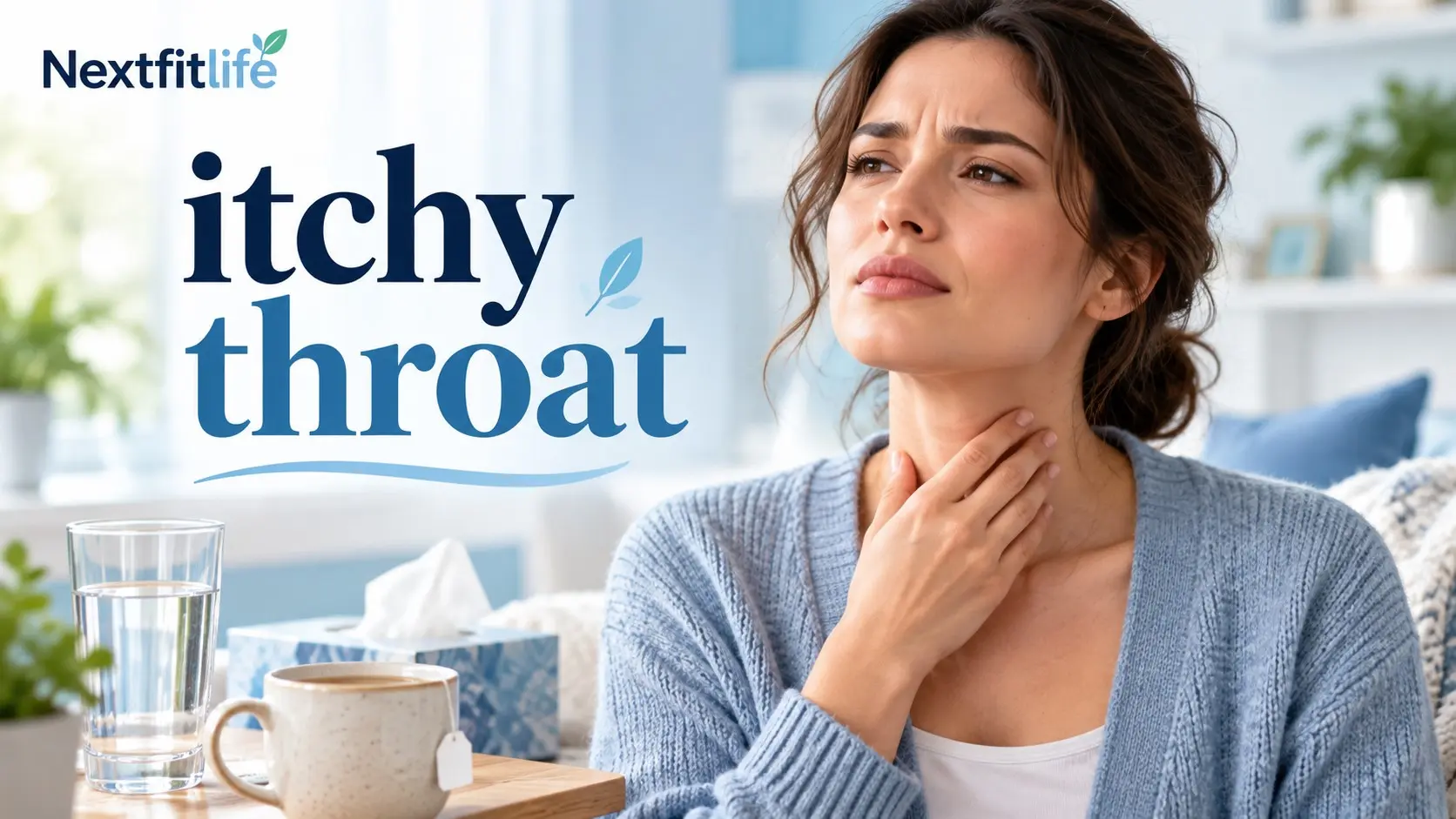 Itchy throat causes and relief showing gentle throat care, hydration, allergies, and warning signs