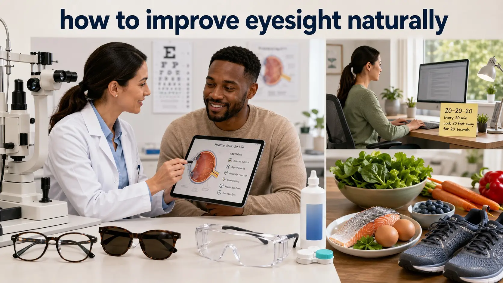 how to improve eyesight naturally- Adult reviewing natural eye-health habits, an eye examination, UV sunglasses, screen breaks, healthy food, and protective eyewear with an optometrist.