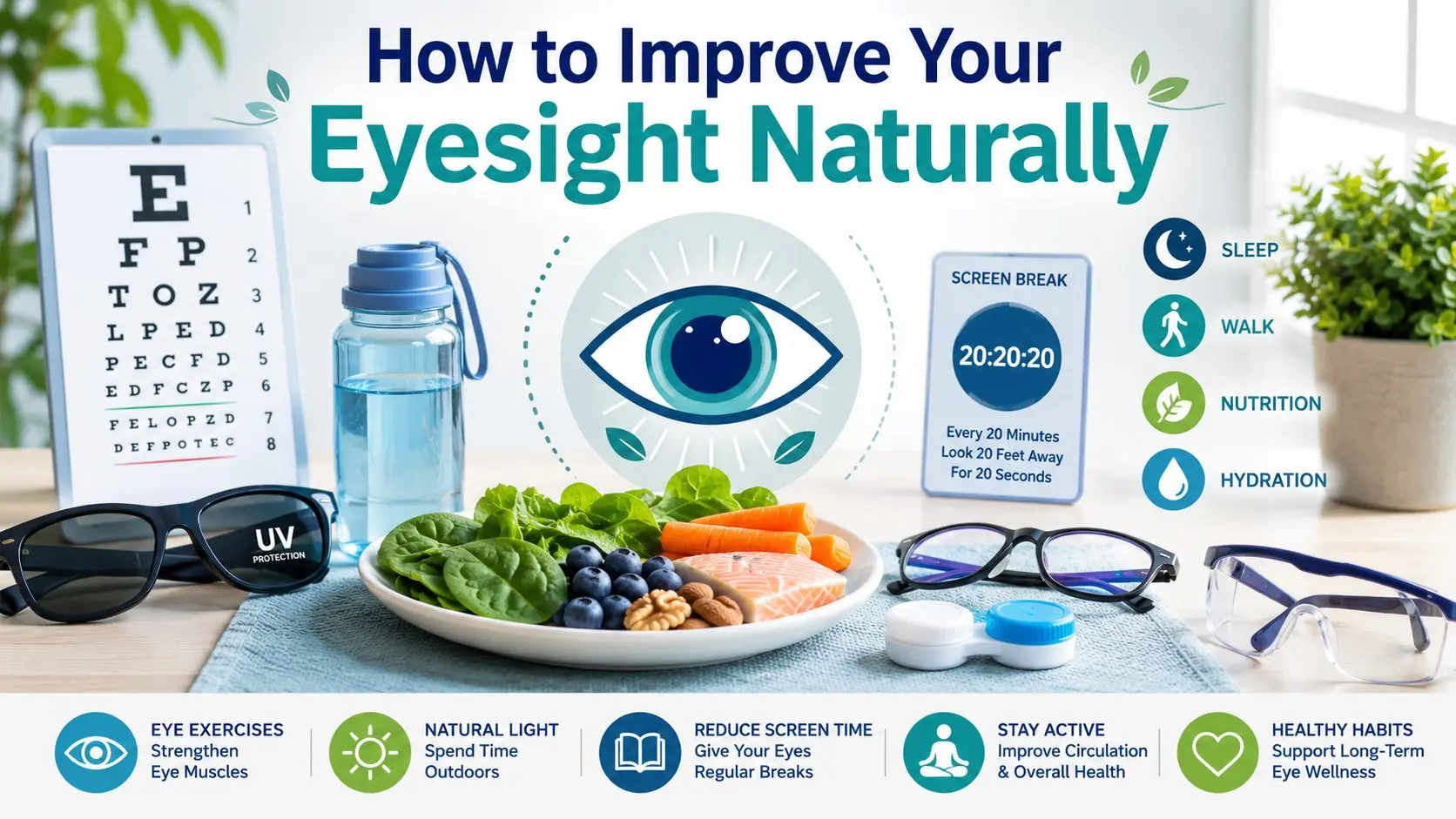 How to Improve Your Eyesight Naturally guide with eye exam, healthy food, sunglasses, screen breaks, sleep, water, movement, glasses, contact lens care, and safety glasses icons.