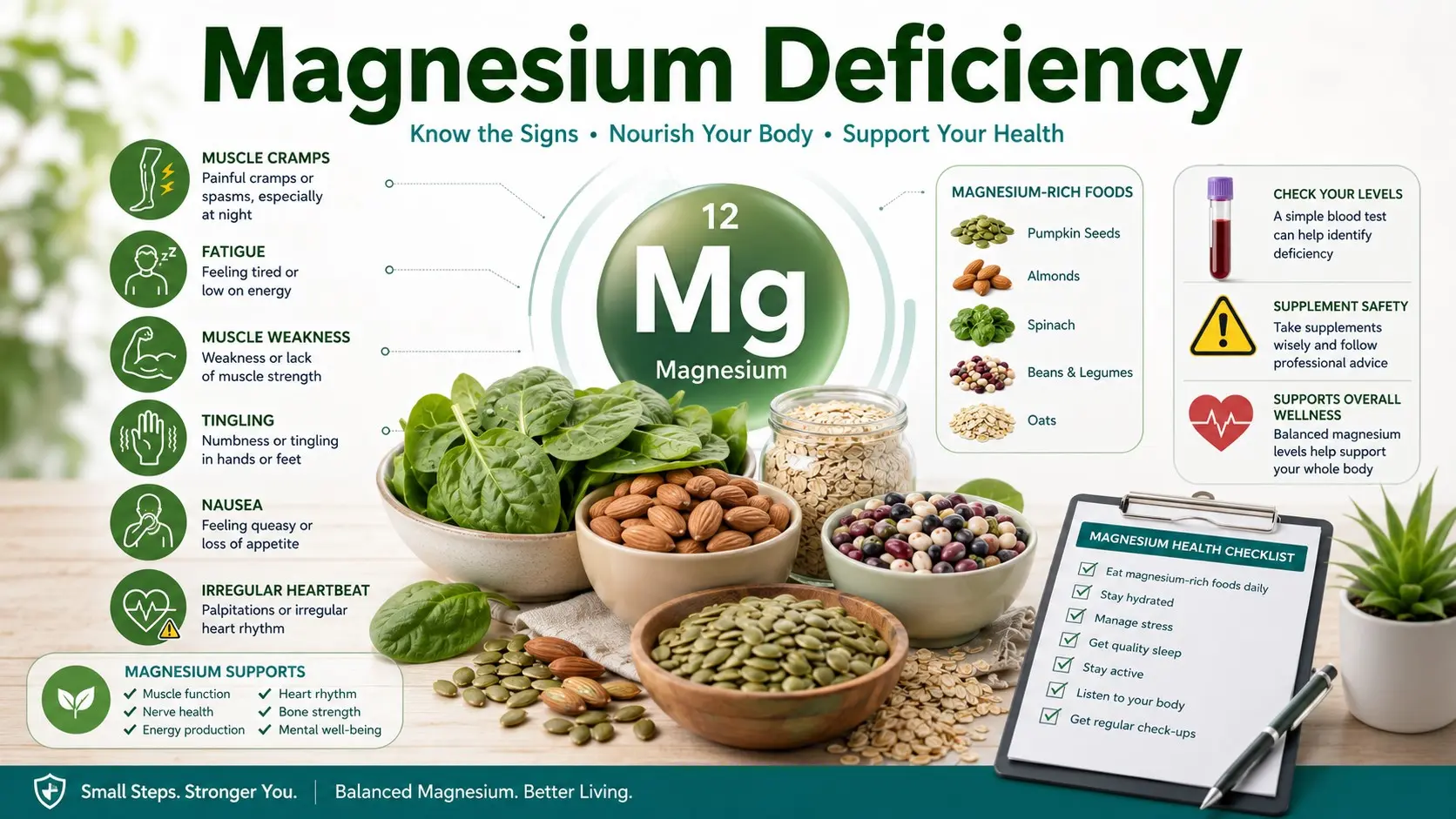 Magnesium Deficiency guide with muscle cramps, fatigue, weakness, tingling, nausea, heart rhythm warning, magnesium-rich foods, blood test, supplement safety, and doctor checklist icons.