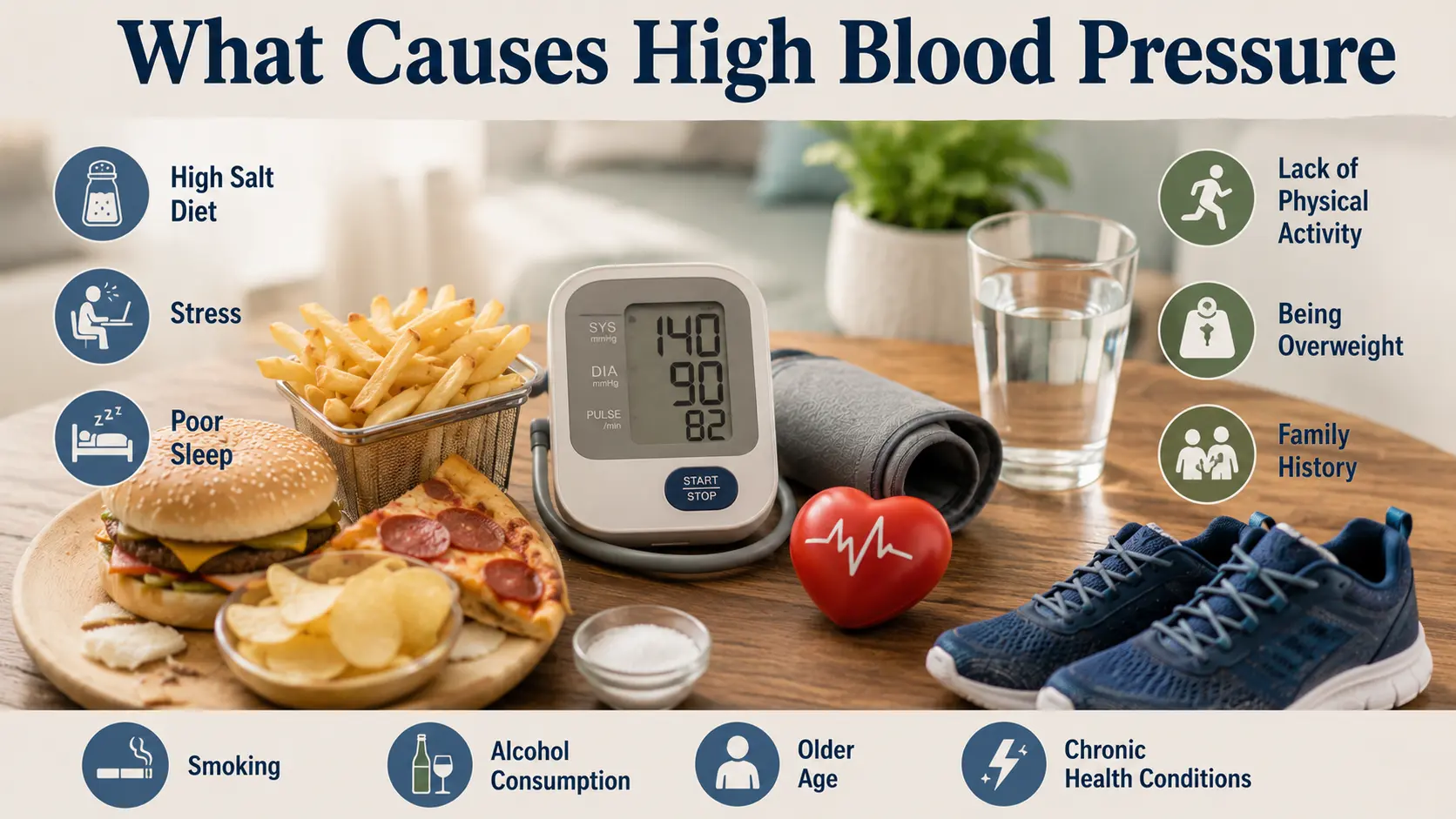 What Causes High Blood Pressure guide with a blood pressure monitor, heart icon, salty food, stress, sleep, and lifestyle symbols.
