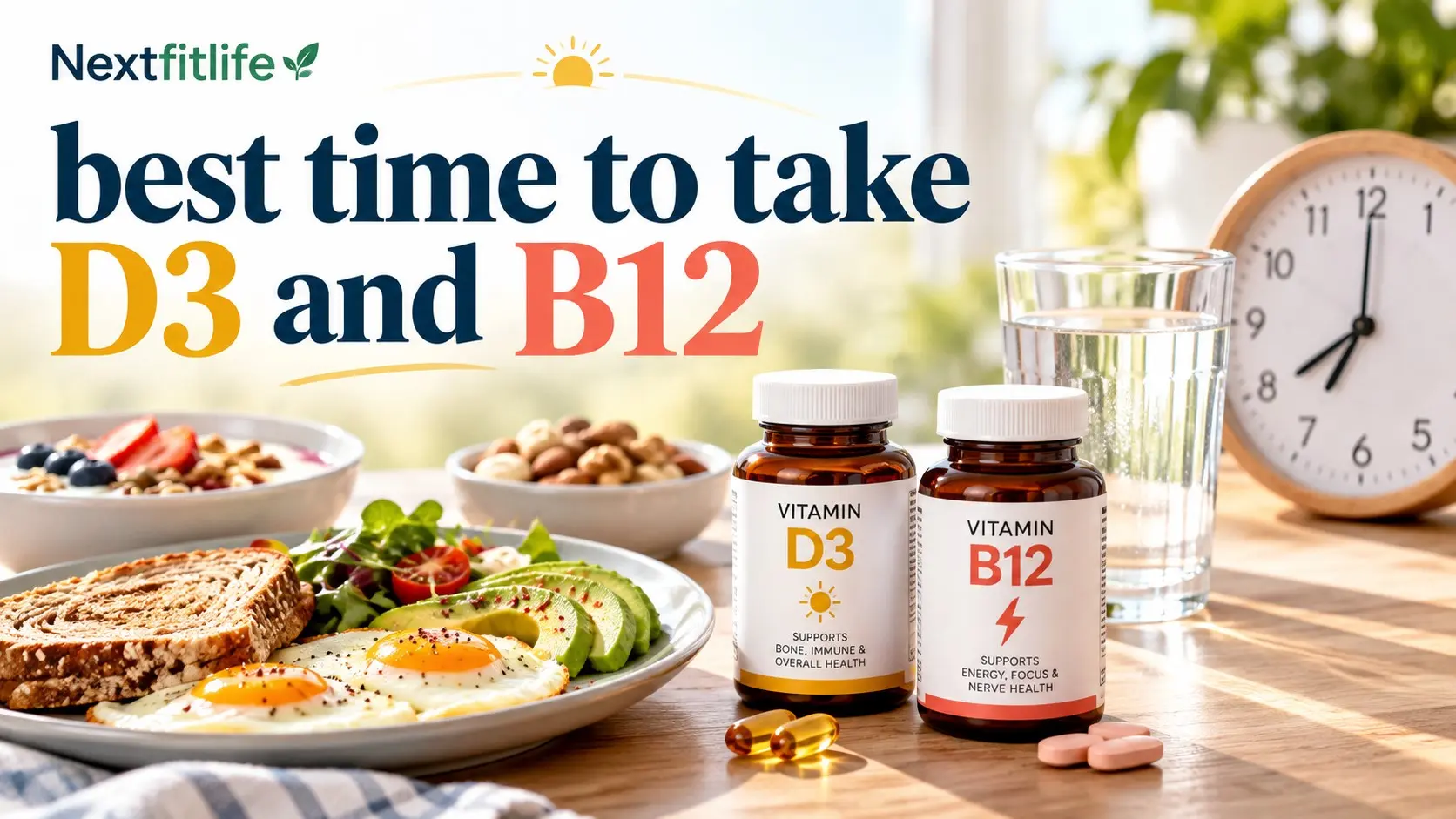 Best time to take D3 and B12 with vitamin supplements beside a balanced breakfast containing healthy fats