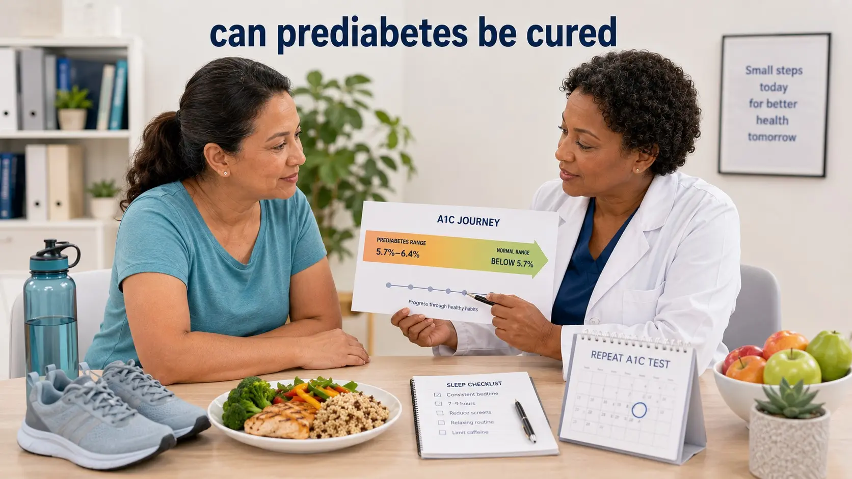 can-prediabetes-be-cured- Adult reviewing an A1C result and a prediabetes reversal plan involving food, activity, weight management and follow-up testing.