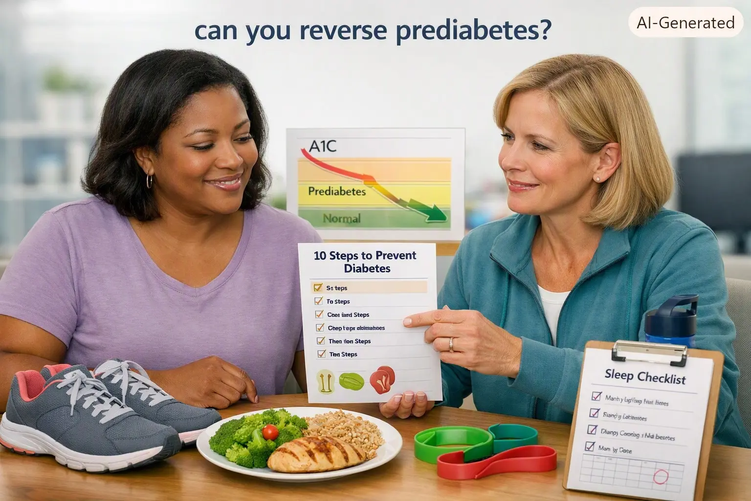 can you reverse prediabetes? Adult reviewing a 10-step prediabetes reversal plan involving balanced meals, walking, strength training, sleep, and repeat A1C testing