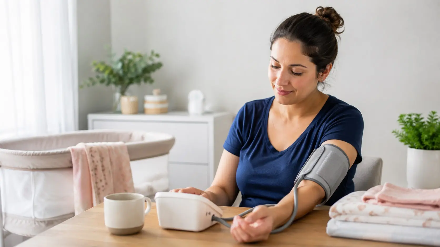 Postpartum mother checks blood pressure with a validated upper-arm monitor while discussing high readings and preeclampsia warning signs with a healthcare professional.