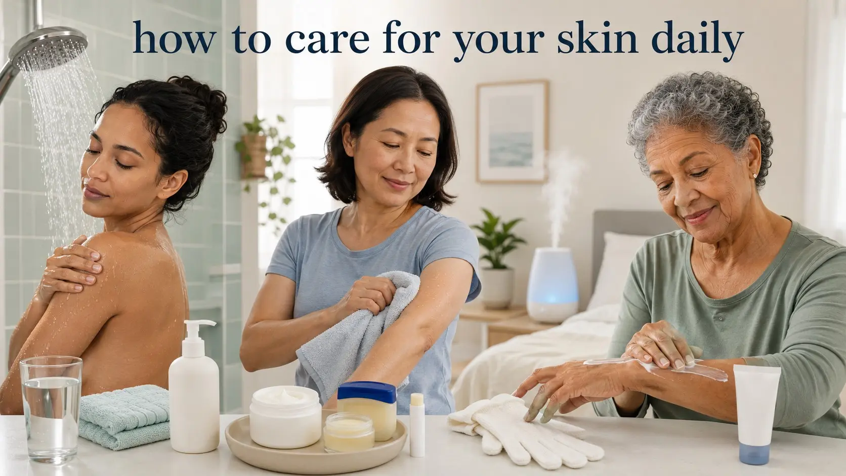 how to care for your skin daily - Adults gently drying and moisturising the skin after a short lukewarm shower to prevent dryness