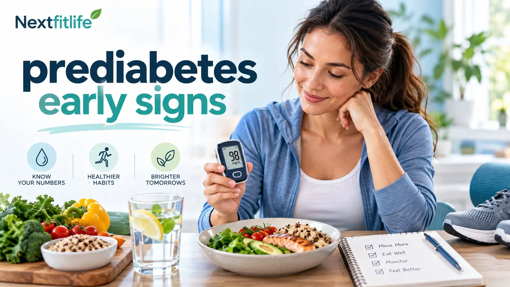 Prediabetes early signs guide with blood sugar testing, A1C results, healthy food, and walking for diabetes prevention