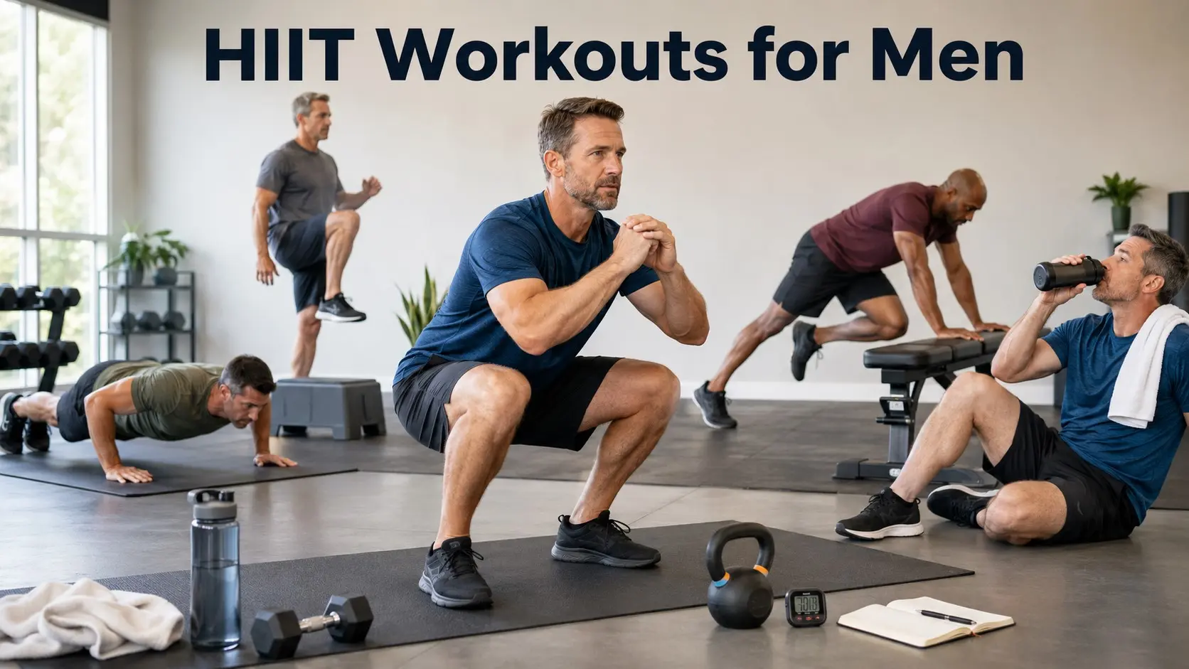 HIIT Workouts for Men guide with safe interval training, bodyweight exercises, dumbbells, timer, water, and recovery breaks