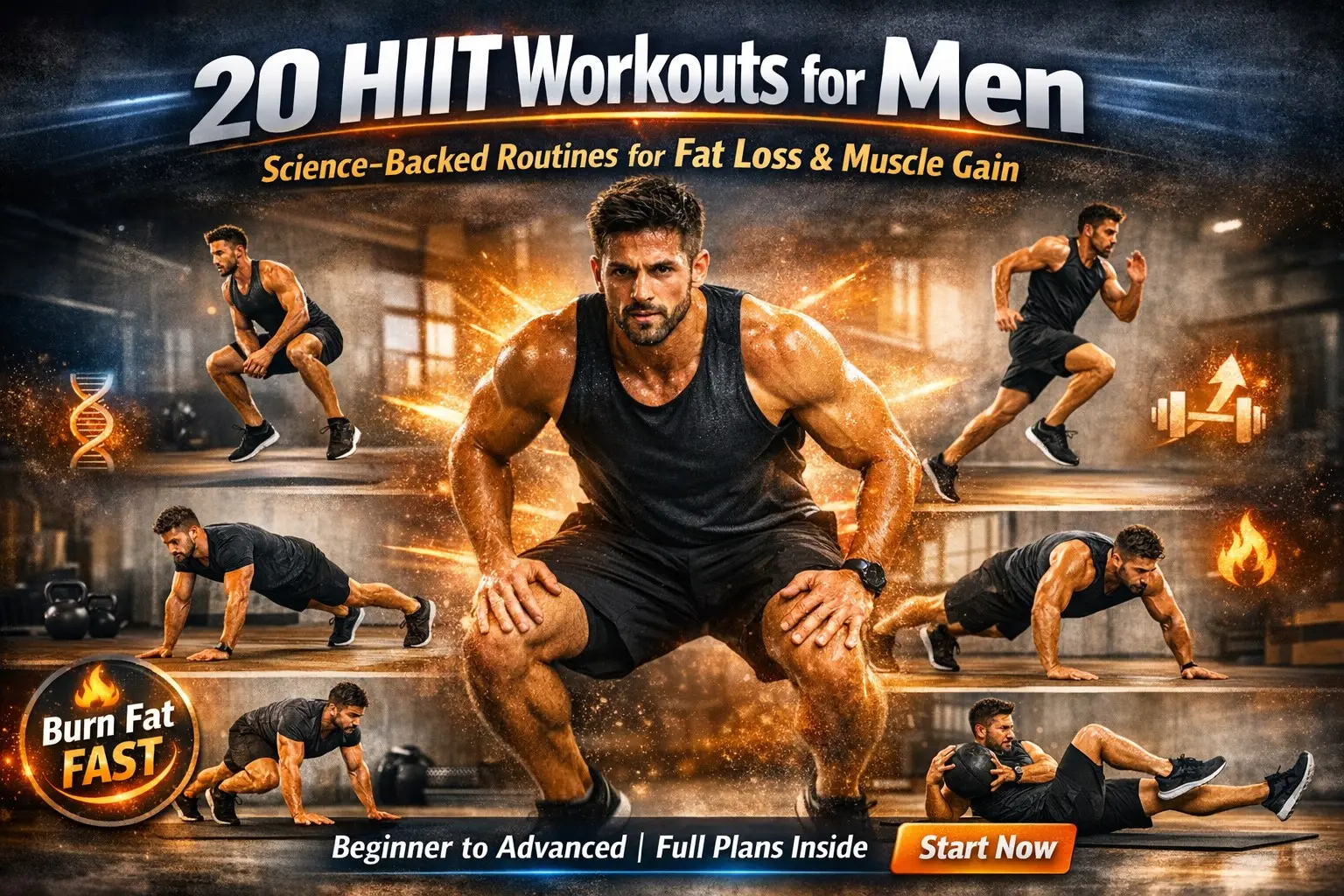 Man performing burpee during HIIT workout for men in bright outdoor space