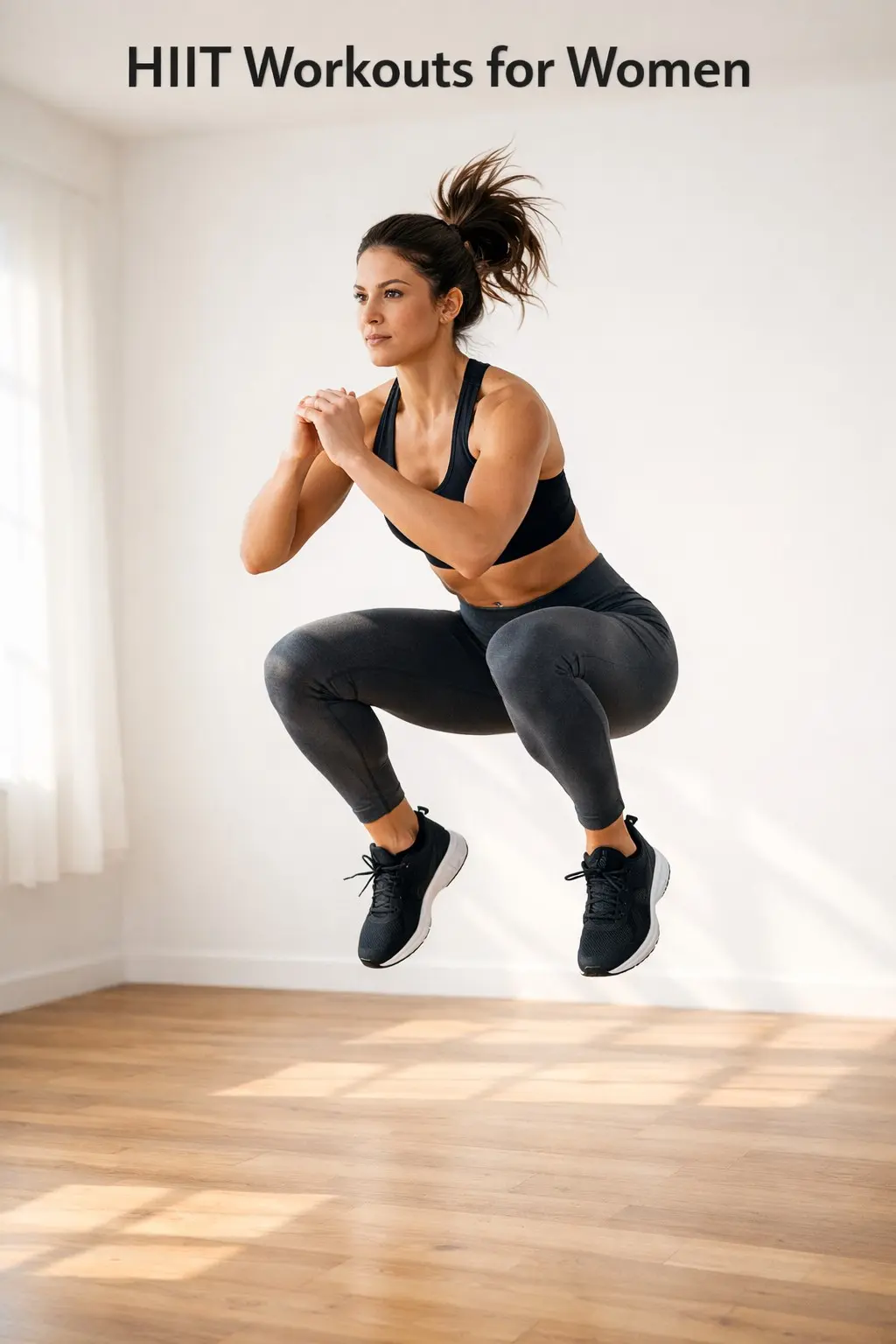 Woman performing jump squat during HIIT workout for women at home in bright natural light