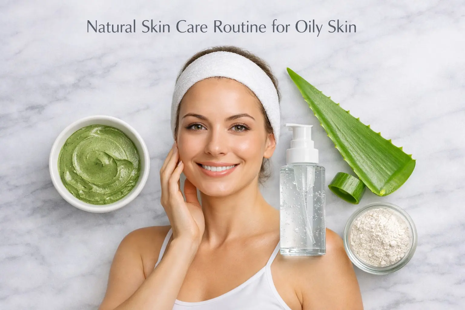 Natural skin care routine for oily skin showing clay mask, aloe vera and lightweight gel moisturizer for balanced oil control