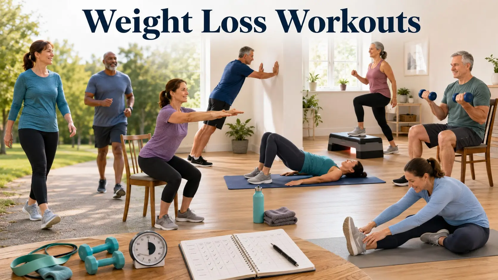 Weight Loss Workouts guide with adults walking, doing chair squats, wall push ups, glute bridges, light dumbbells, and safe cardio