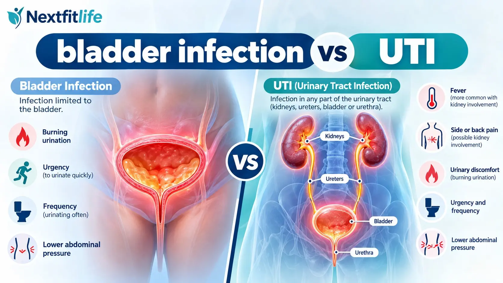 Bladder infection vs UTI comparison showing bladder and urinary tract symptoms