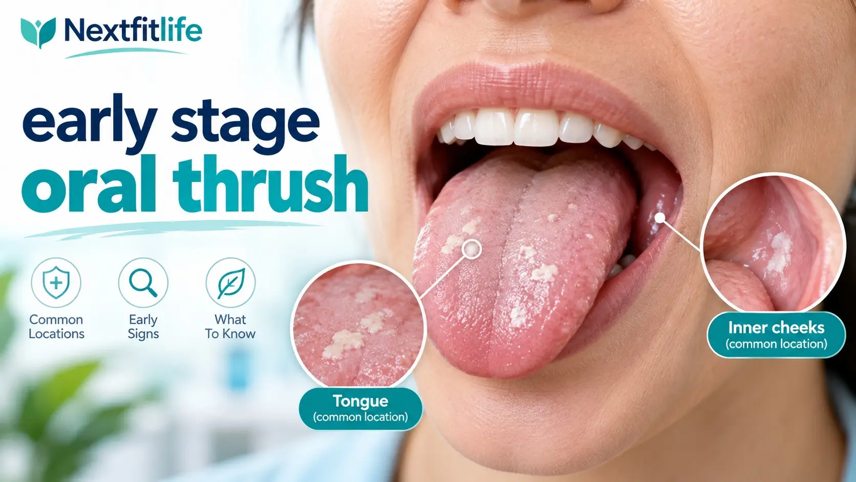 Early stage oral thrush showing mild white patches on the tongue and inner cheeks