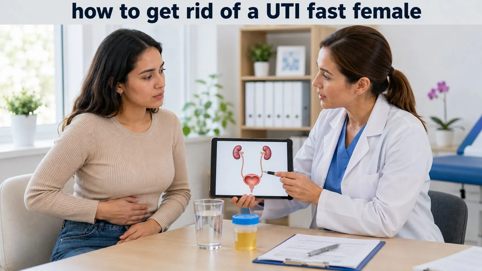 how to get rid of a UTI fast female- Woman discusses UTI symptoms, urine testing, treatment, and prevention with a female healthcare professional.
