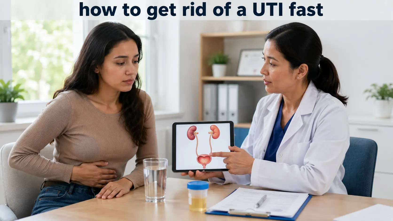 how to get rid of a UTI fast- Patient discusses UTI symptoms, urine testing, and safe treatment with a healthcare professional.