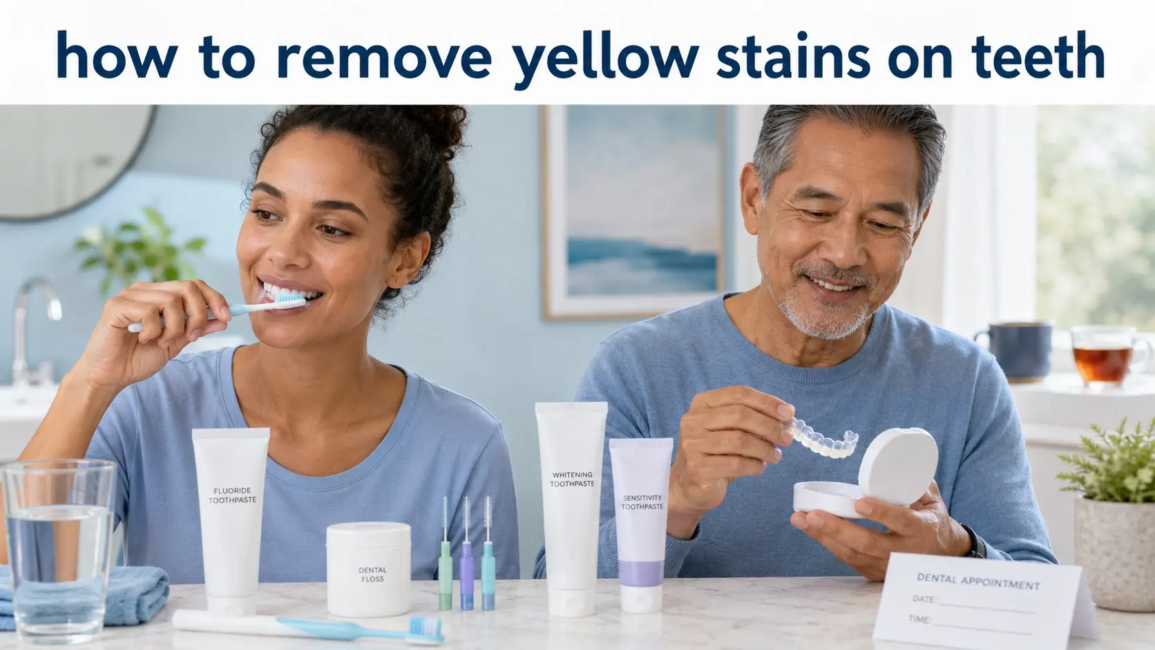 how to remove yellow stains on teeth- Adults brushing and reviewing safe whitening options for yellow tooth stains