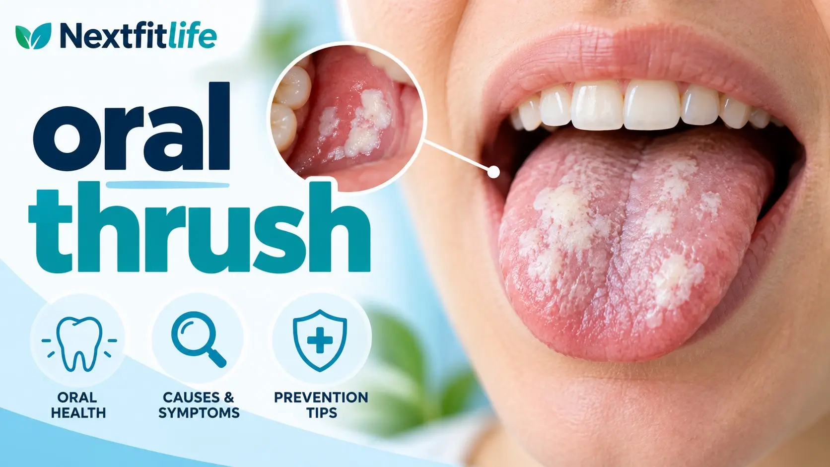 Oral thrush symptoms showing white patches on the tongue and inside the mouth