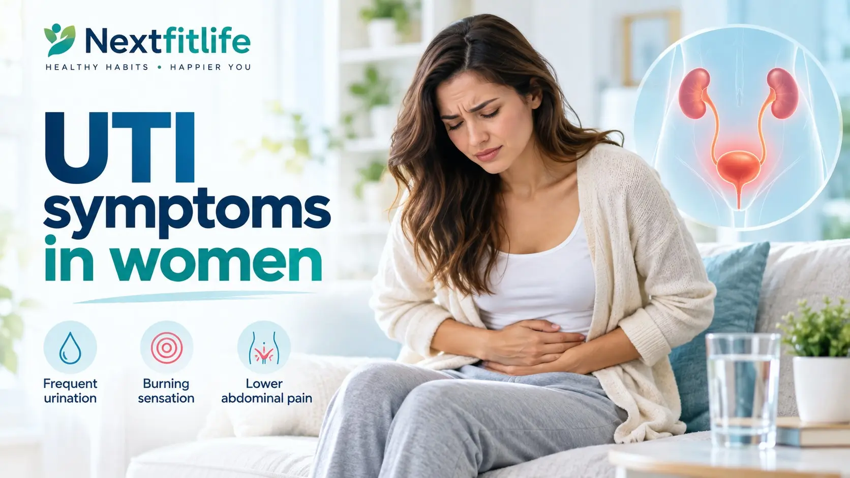 UTI symptoms in women including burning urination, urgency, bladder pain, kidney infection warning signs, and treatment
