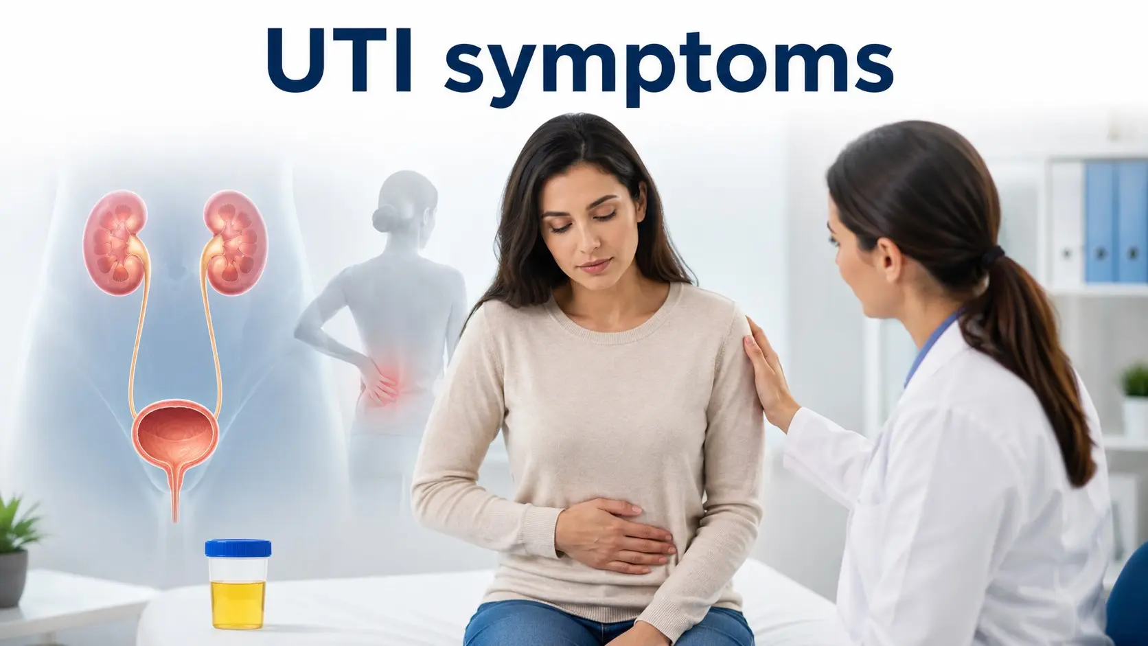 Adult discussing UTI symptoms with a healthcare professional beside a simple urinary tract illustration and urine testing cue
