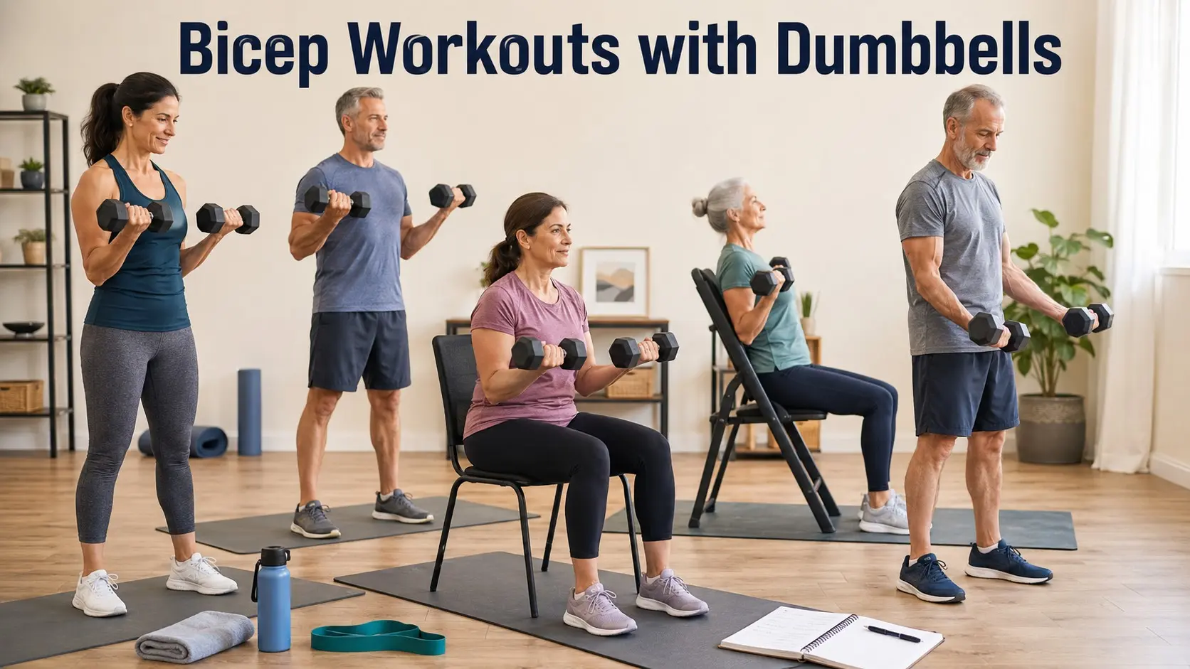 Bicep Workouts with Dumbbells guide with adults doing safe curls, hammer curls, seated curls, and controlled arm exercises