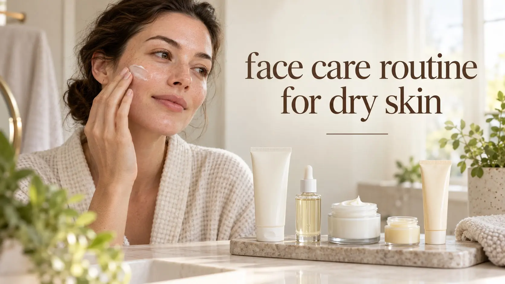 Face care routine for dry skin with gentle cleanser moisturizer hydrating serum petrolatum and sunscreen