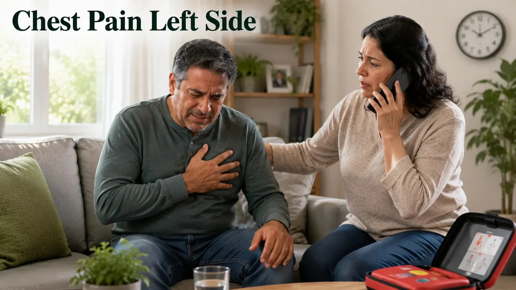 Chest Pain Left Side - Adult experiencing left-side chest pain while another person calls emergency services.