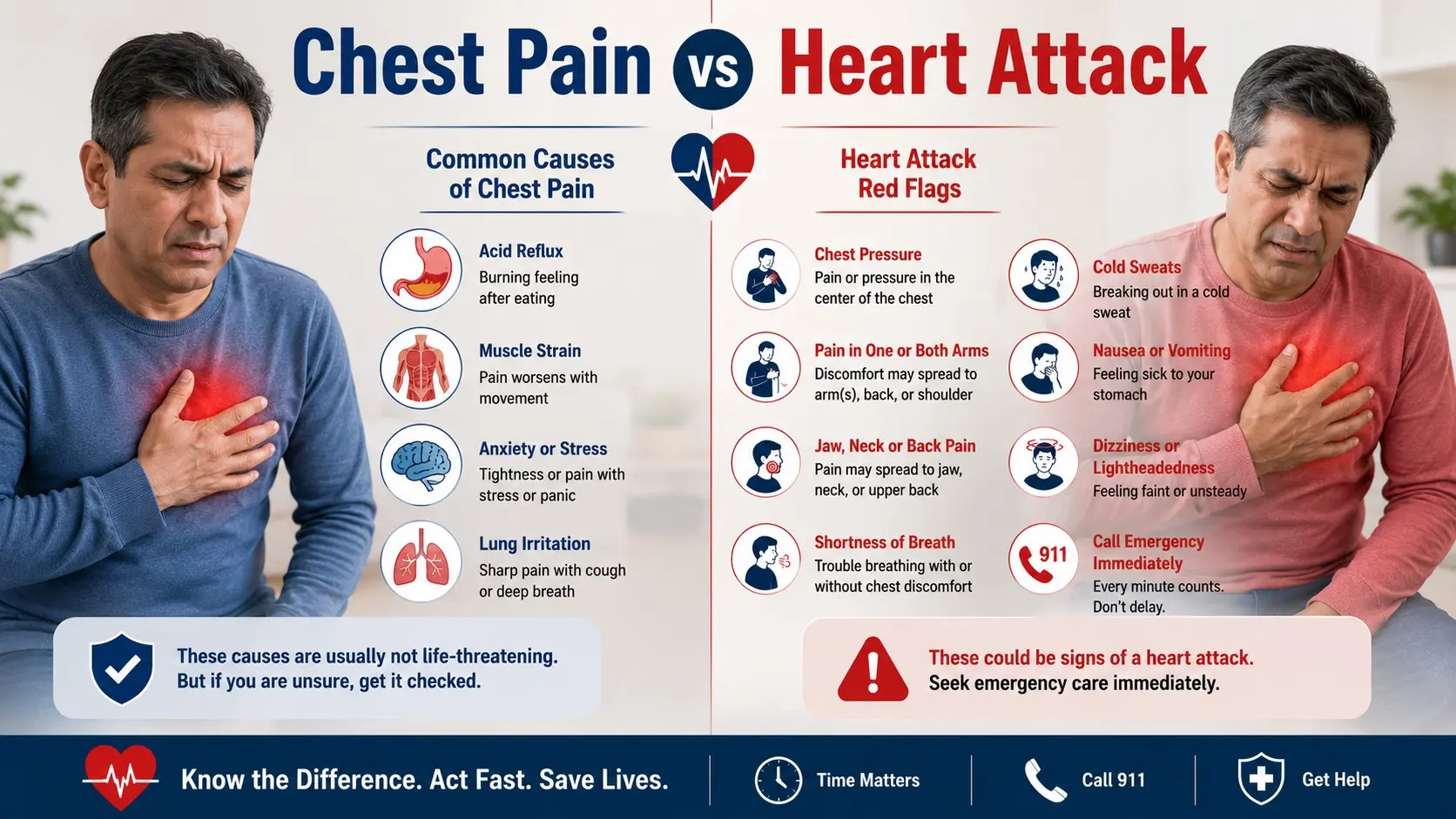 Chest Pain vs Heart Attack k guide showing chest pressure, arm pain, jaw pain, shortness of breath, heartburn, muscle pain, and emergency call icons.