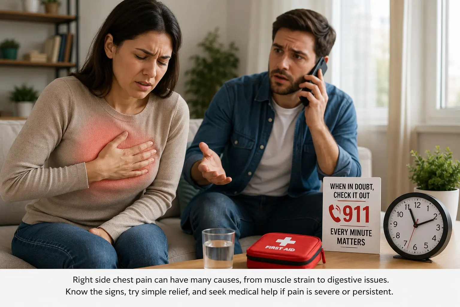 Right Side Chest Pain- Adult experiencing left-side chest pain while another person calls emergency services
