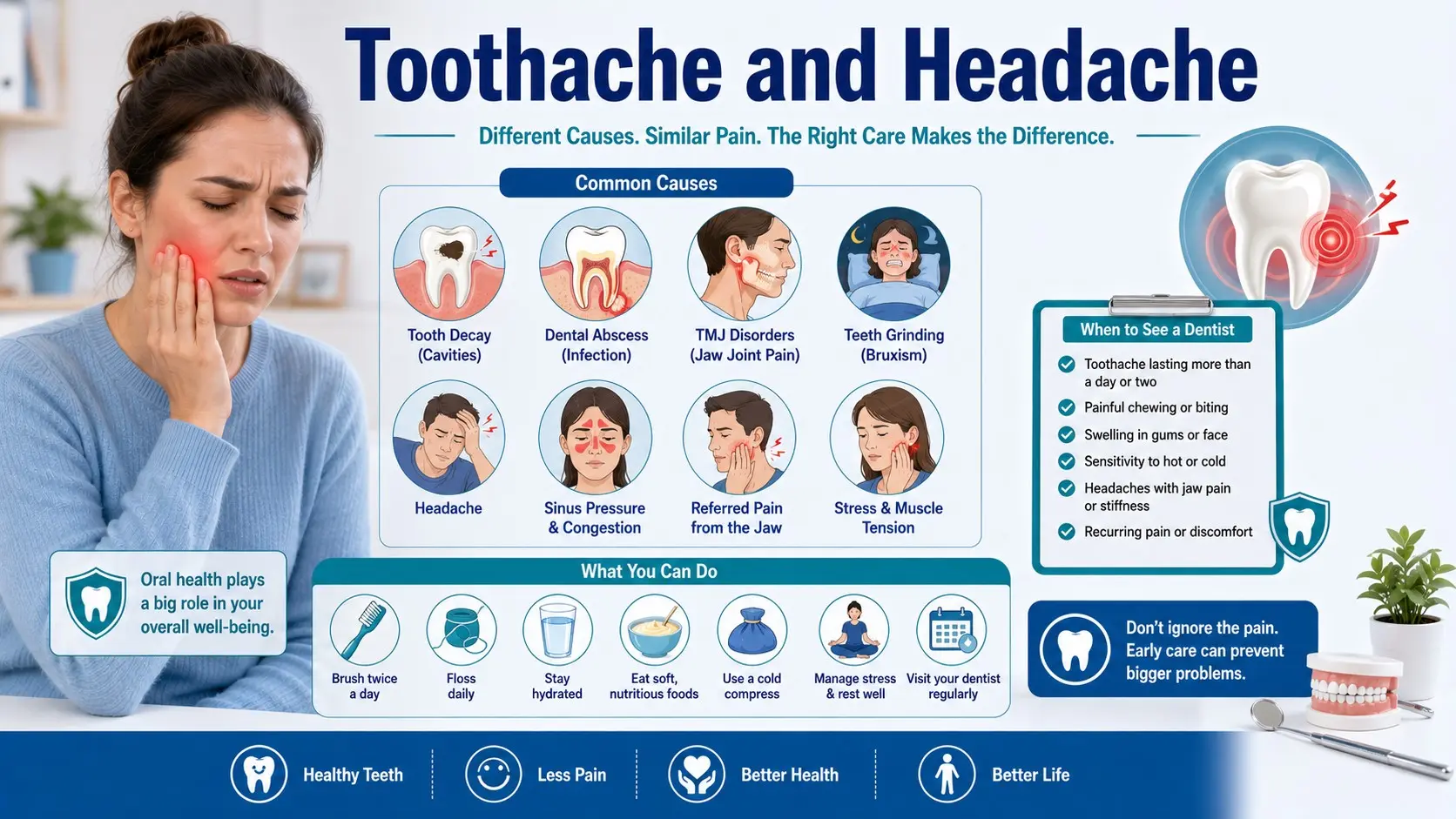 Toothache and Headache guide with tooth pain, head pain, jaw pain, sinus pressure, cavity, dental abscess, TMJ, teeth grinding, and dentist checklist icons.