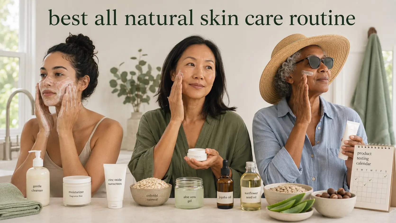 best all natural skin care routine- Adults using gentle cleanser, moisturizer, and mineral sunscreen in a simple natural skin care routine