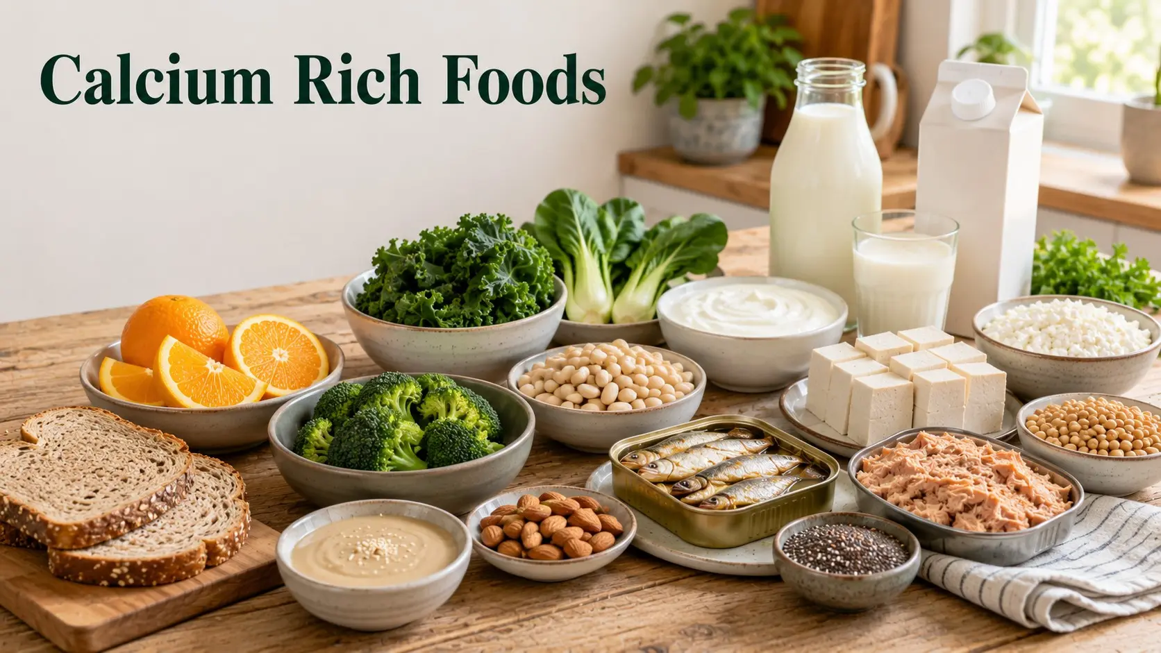 Calcium Rich Foods with yogurt, milk, tofu, sardines, salmon, bok choy, kale, chia seeds, beans, almonds, and fortified soy drink.