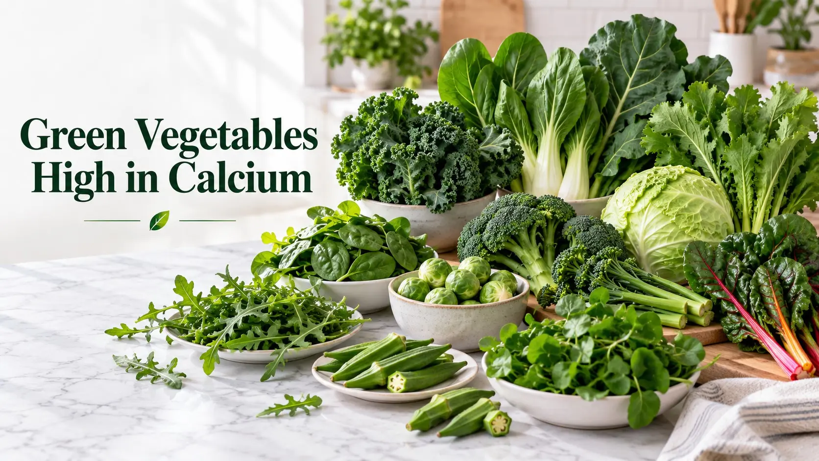 Green Vegetables High in Calcium including kale, bok choy, collard greens, turnip greens, broccoli, mustard greens, and other leafy vegetables.