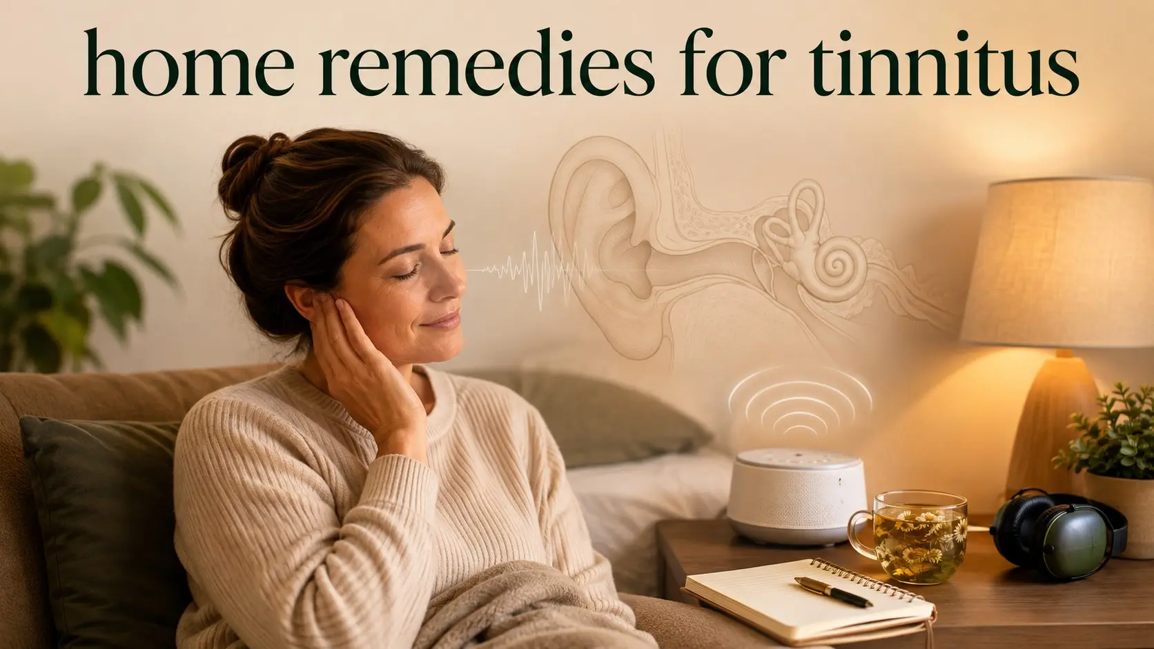 Home remedies for tinnitus showing gentle sound, sleep support, relaxation, safe hearing protection, and healthy coping at home