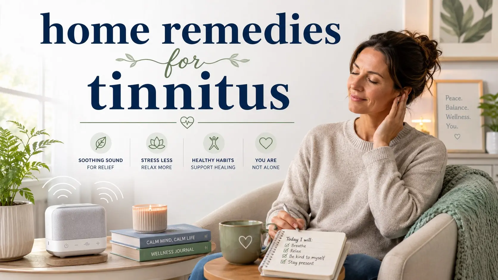 home remedies for tinnitus- Adult with tinnitus uses gentle background sound at home while reviewing safe self-care and hearing-assessment guidance with an audiologist.
