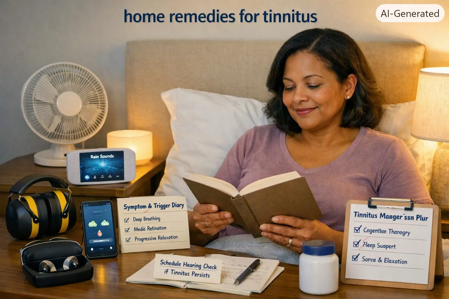 home remedies for tinnitus : Adult using safe home tinnitus strategies, including low-level sound, relaxation, sleep support, hearing protection, and a symptom diary