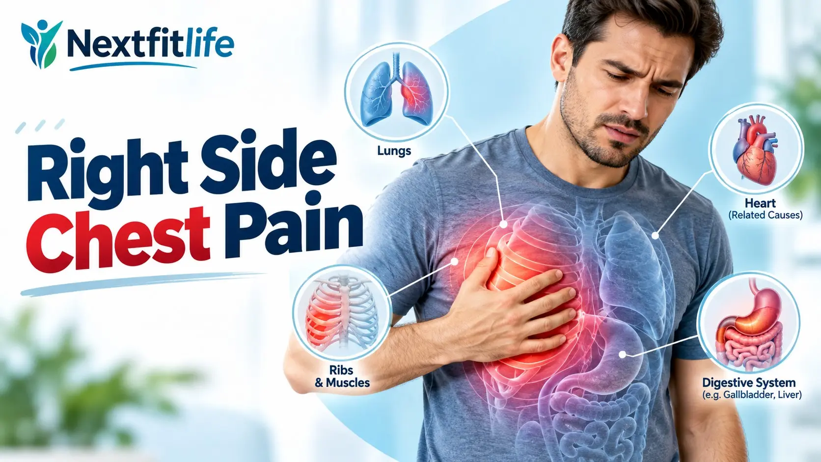 Right Side Chest Pain showing common causes in the lungs, ribs, muscles, heart, and gallbladder