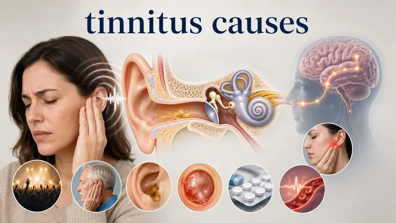 Tinnitus causes explained with ear anatomy, hearing loss, loud noise, earwax, medicines, jaw problems, and pulse like ringing in the ears